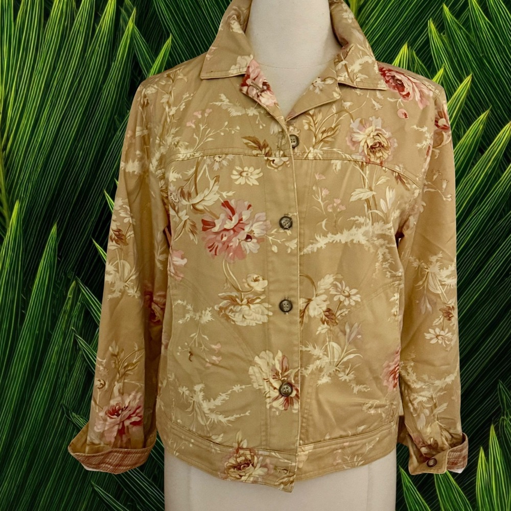 Vtg Carol Anderson Collection Floral Trucker Jacket Sz‎ M Short w Pockets Canvas